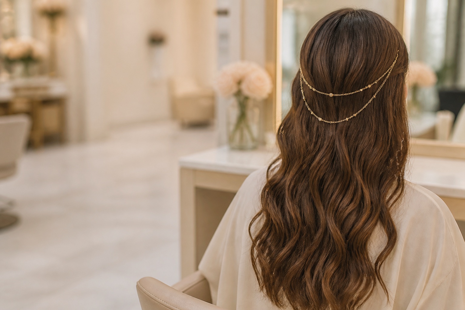 Delicate gold hair chains styled in softly waved hair